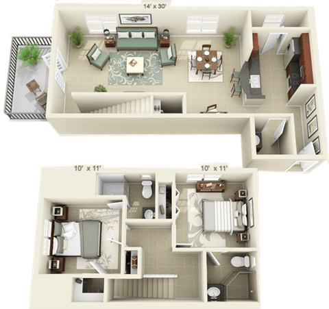 Floor plan for 2 beds, 2.5 baths, 1210 sqft